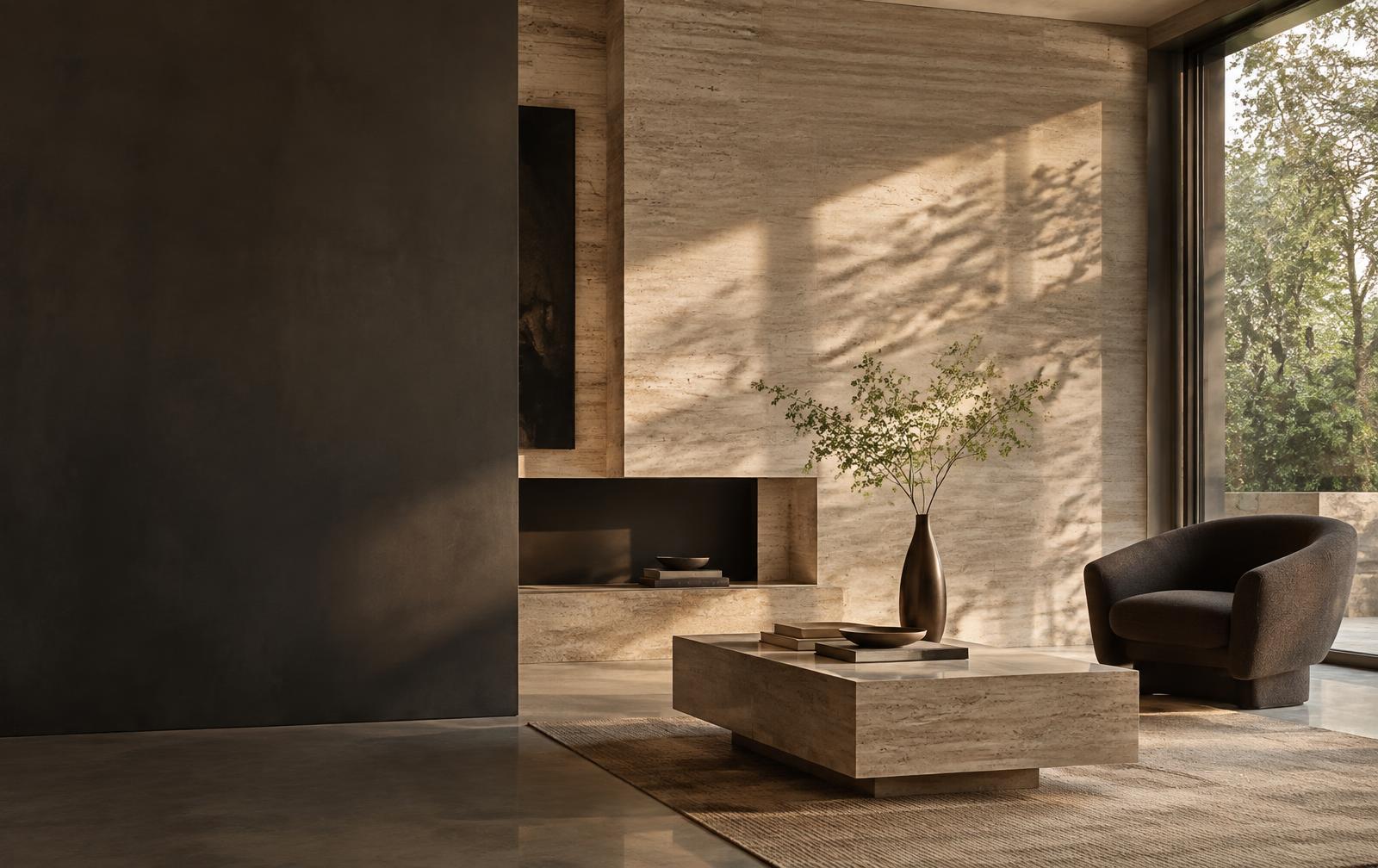 Sunlit stone interiors, sculptural furniture and quiet architectural details
